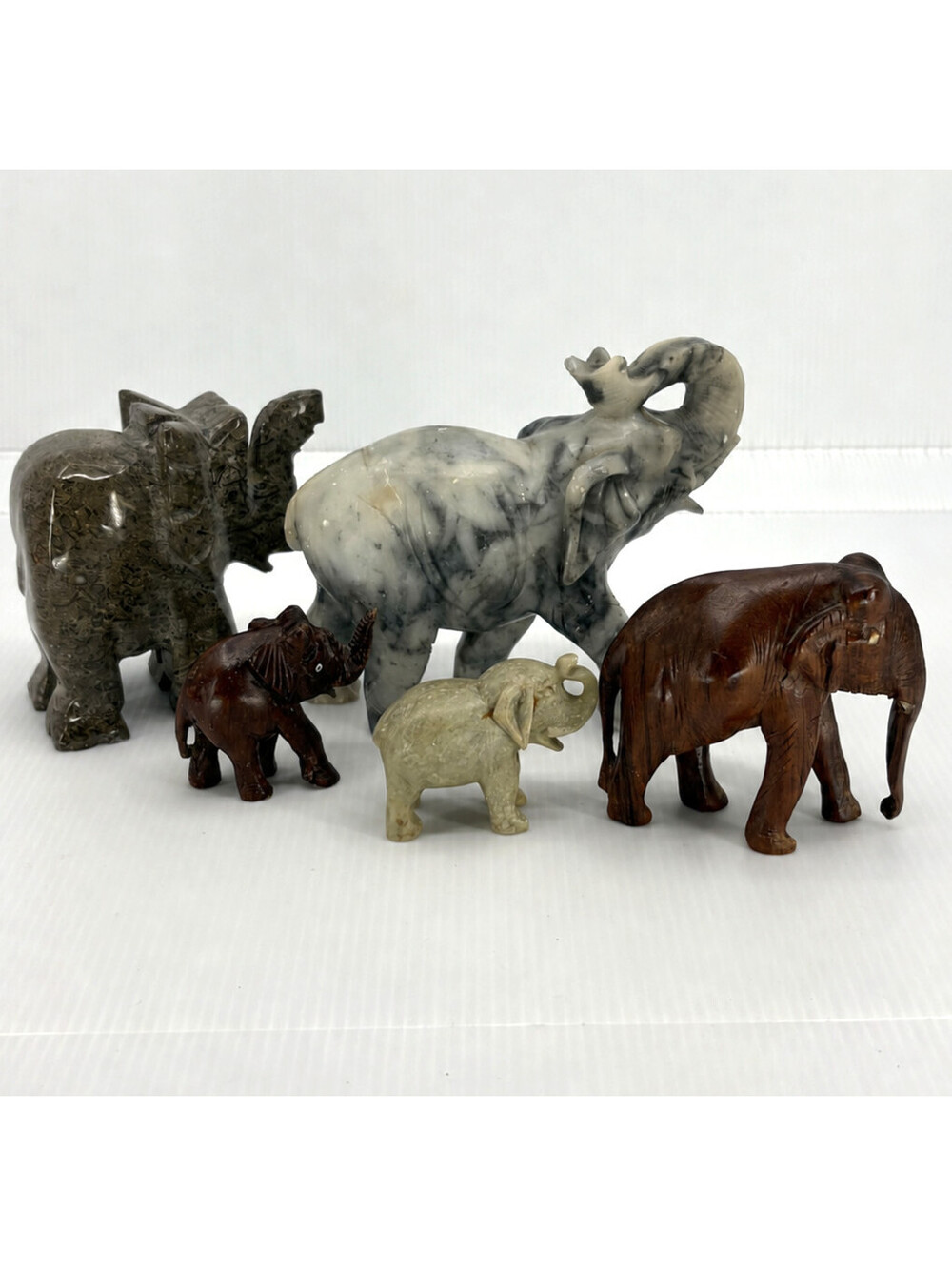 Lot Of 5 Carved Elephant Figurines Assorted Sizes Stone Wood Brown Decor